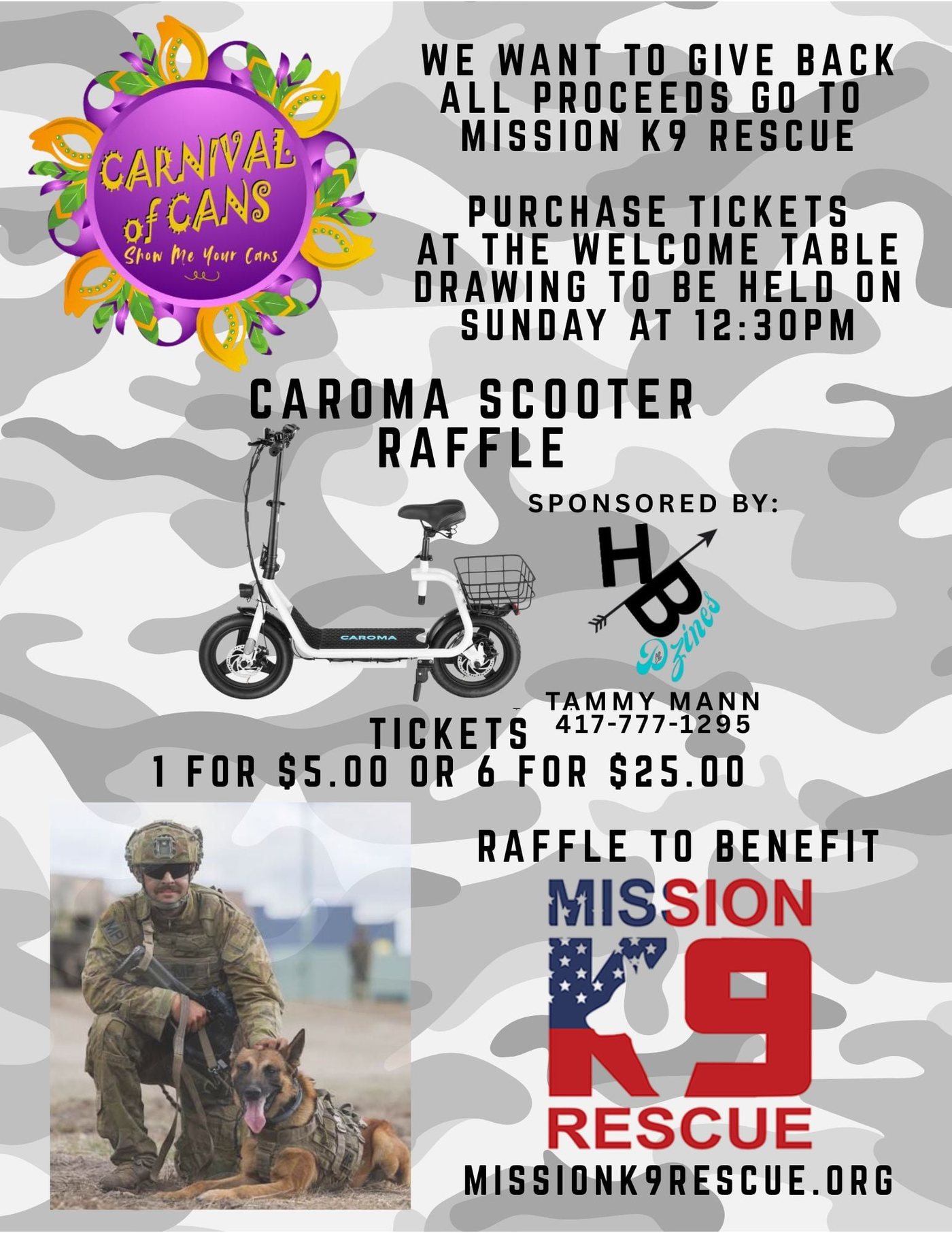 Caroma Scooter Raffle flyer — proceeds benefit Mission K9 Rescue