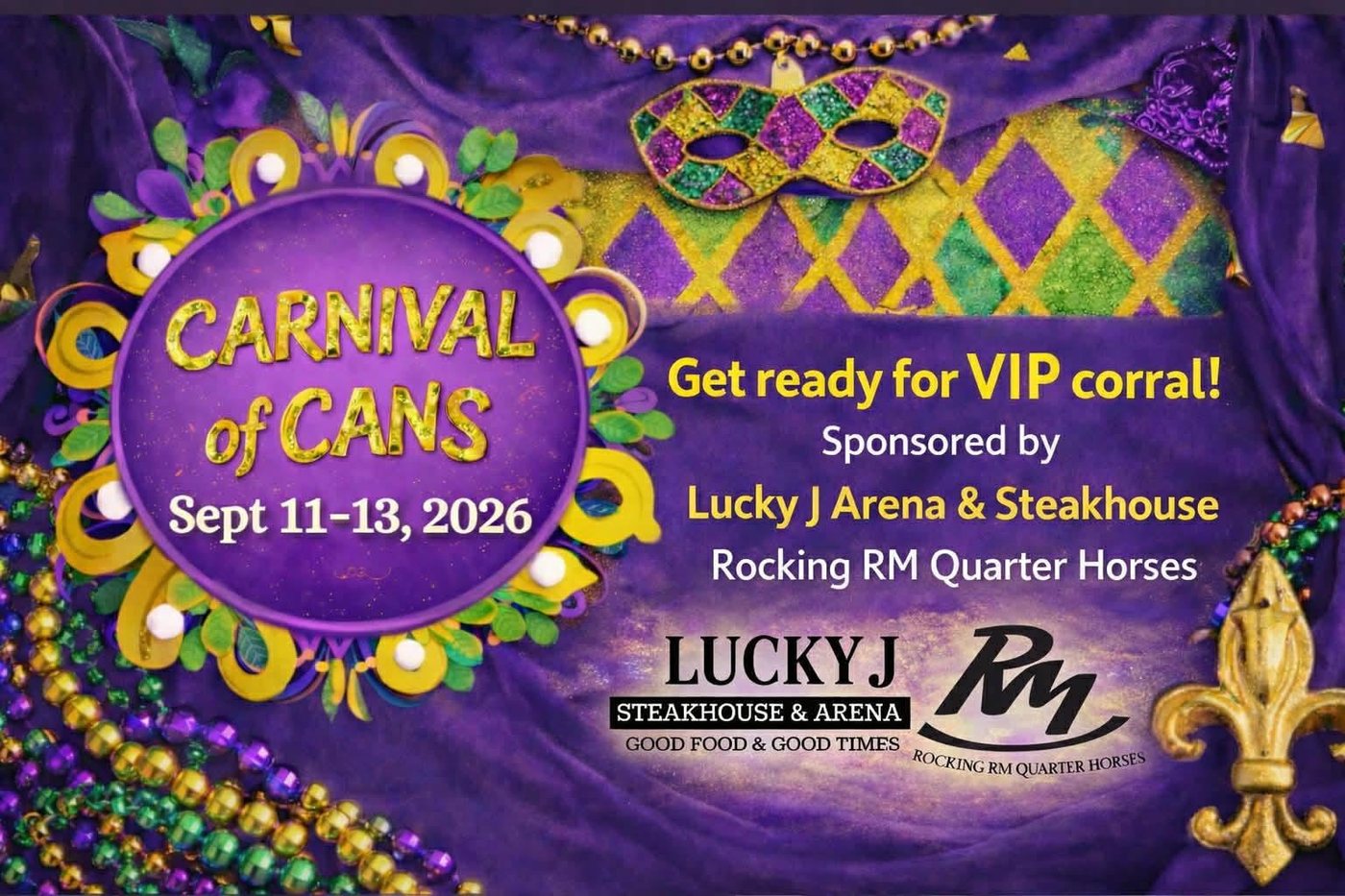VIP Corral flyer — sponsored by Lucky J Arena & Steakhouse and Rocking RM Quarter Horses